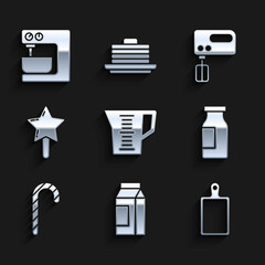 Set Measuring cup, Paper package for milk, Cutting board, Bottle with, Christmas candy cane, Lollipop, Electric mixer and icon. Vector
