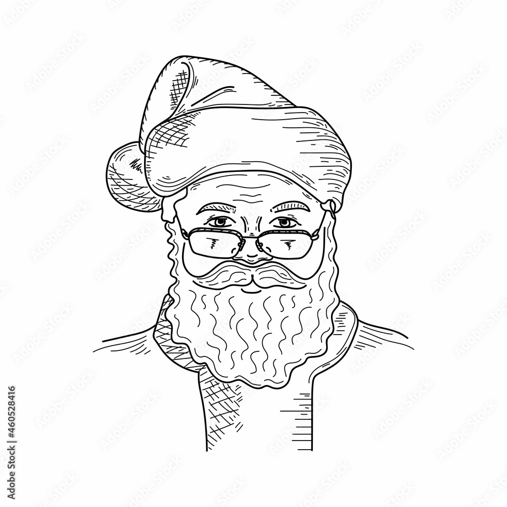 Wall mural drawing, engraving, ink, line art, vector illustration santa claus face christmas concept sketch in 