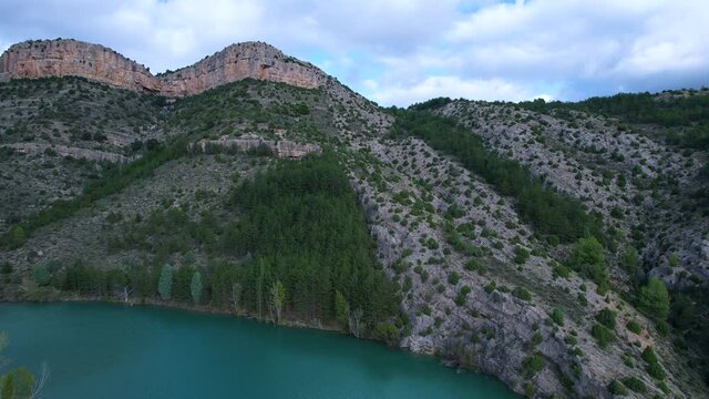 Pe&ntilde;as and cliffs in the Balagueras reservoir seen from a drone. Rubielos de Mora, Gudar Javalambre region. Teruel Province, Aragon, Spain, Europe
