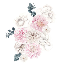 Watercolor illustration with winter pastel flowers, isolated on white background