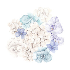 Watercolor illustration with winter pastel flowers, isolated on white background