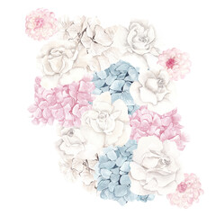 Watercolor illustration with winter pastel flowers, isolated on white background