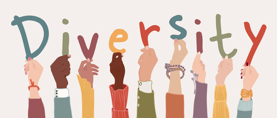 Raised arms of a group of diverse multi-ethnic multicultural people holding the letters forming the word -Diversity- in their hands. Racial equality concept. Variety of people. Banner