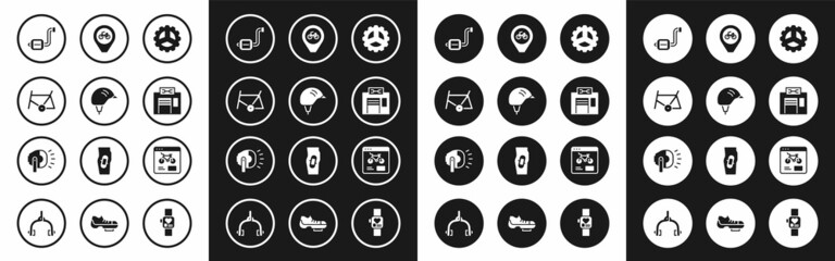 Set Bicycle sprocket crank, helmet, frame, pedal, repair service, Location with bicycle, rental mobile app and head lamp icon. Vector