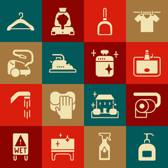 Set Bottle of liquid soap, Toilet paper roll, Washbasin, Dustpan, Electric iron, Vacuum cleaner, Hanger wardrobe and Clean cooking pot icon. Vector