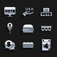 Set Burger, Sandwich, Calendar with date July 4, Carnival garland flags, Coin money dollar, Balloons, Vote box and icon. Vector