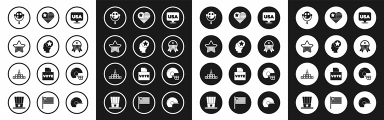 Set USA Independence day, Head, Tourist binoculars, Medal with star, American football helmet and City landscape icon. Vector