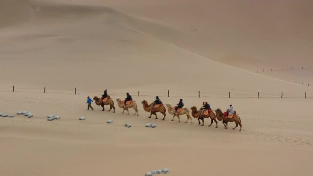 sunny evening time desert dunes aerial panorama 4k china