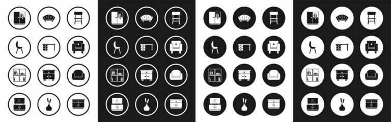 Set Chair, Office desk, Armchair, Wardrobe, Sofa, and Shelf with books icon. Vector