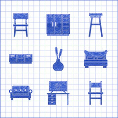 Set Vase, TV table stand, Chair, Big bed, Sofa, Furniture nightstand, and icon. Vector