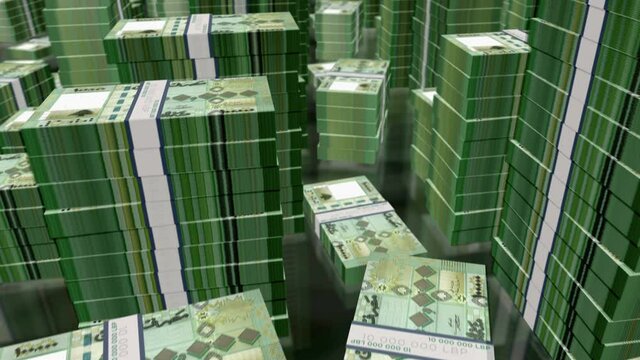 Lebanon pound money notes packs loop. 3D flight over LBP banknotes stacks towers. Loopable seamless abstract background concept of business, economy crisis and finance.