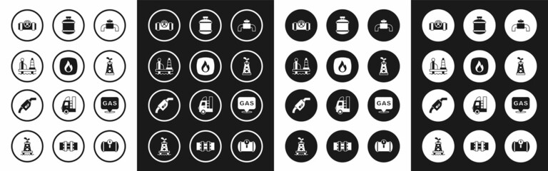 Set Metallic pipes and valve, Fire flame, Oil platform in the sea, rig, Propane gas tank, Location station and Gasoline pump nozzle icon. Vector