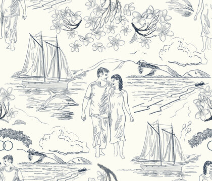 Vector EPS10 seamless pattern Honeymoon Travel, a just married couple walks by a quite beach of a tropical island, near their sailing boat. A line art in a vintage toile decorative style.