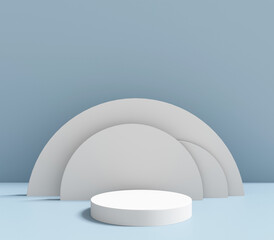 white cylinder podium, three white cylinder background and blue wall