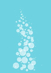 Transparent effervescent air bubbles stream on blue background. Cartoon soda pop. Fizzy drinks. Carbonated vector illustration