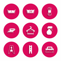 Set Towel on hanger, Clothes pin, Brush for cleaning, Water spray bottle, Electric iron, Yarn and Temperature wash icon. Vector