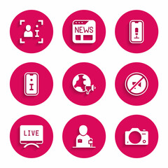 Set World news, Journalist, Photo camera, Censored stamp, Live report, Information, Mobile recording and Television icon. Vector