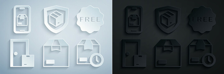 Set Carton cardboard box, rice tag with Free, Home delivery services, Cardboard clock, Delivery security shield and Mobile app tracking icon. Vector