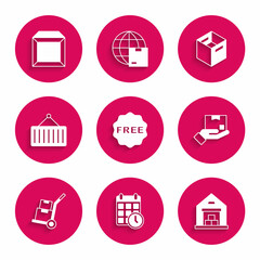 Set rice tag with Free, Cardboard box calendar, Warehouse, Delivery hand, Hand truck boxes, Container on crane, Carton cardboard and icon. Vector