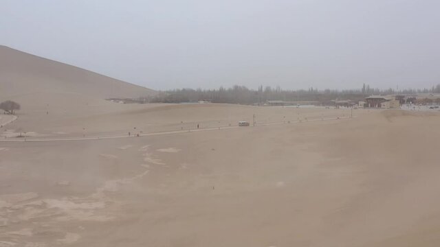 sunny evening time desert dunes old town aerial panorama 4k gansu china