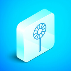 Isometric line Lollipop icon isolated on blue background. Candy sign. Food, delicious symbol. Silver square button. Vector
