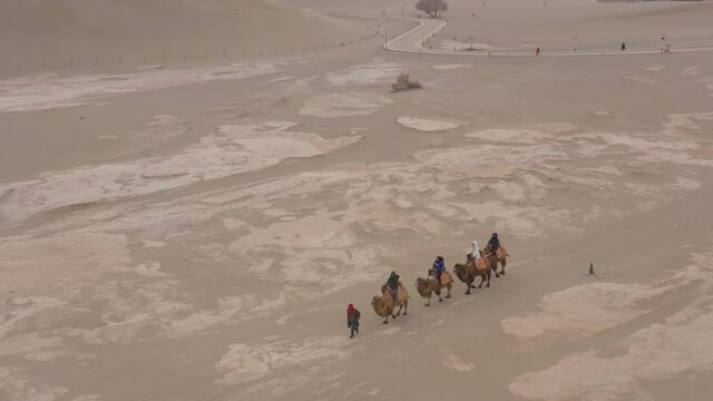 sunny evening time desert dunes old town aerial panorama 4k gansu china
