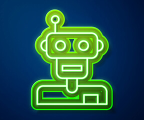 Glowing neon line Robot icon isolated on blue background. Vector
