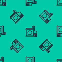Blue line Paint bucket and brush icon isolated seamless pattern on green background. Vector