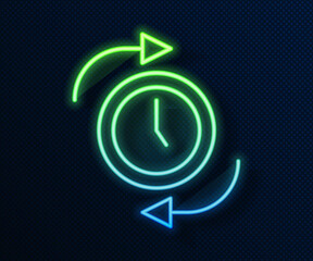 Glowing neon line Clock with arrow icon isolated on blue background. Time symbol. Clockwise rotation icon arrow and time. Vector