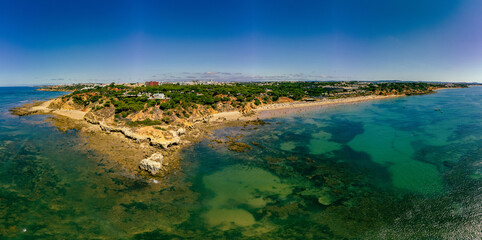 Aerial panoramic shots of Praia da Balaia and Praia de Santa Eulalia Portugal, Algarve Albufeira