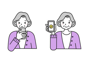 スマホで検索する・スマホを見せる年配の女性のイラスト