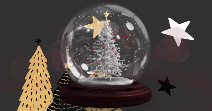 Shooting star around christmas tree in a snow globe against christmas tree icons on grey background