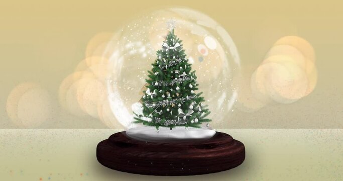 Shooting star around christmas tree in a snow globe against spots of light on yellow background