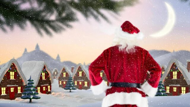 Snow falling over rear view of santa claus and multiple houses on winter landscape