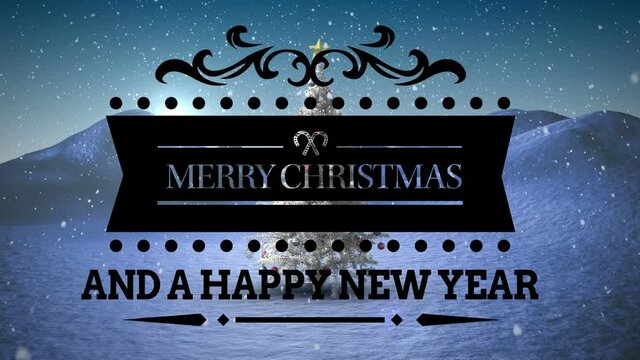 Merry christmas and happy new year text banner against christmas tree on winter landscape