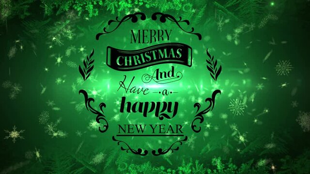 Merry christmas and happy new year text banner against snowflakes and green spots of light