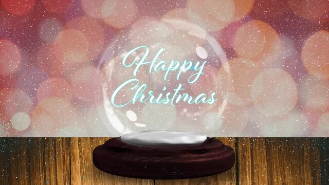 Blue shooting star around happy christmas text over a snow globe on wooden plank