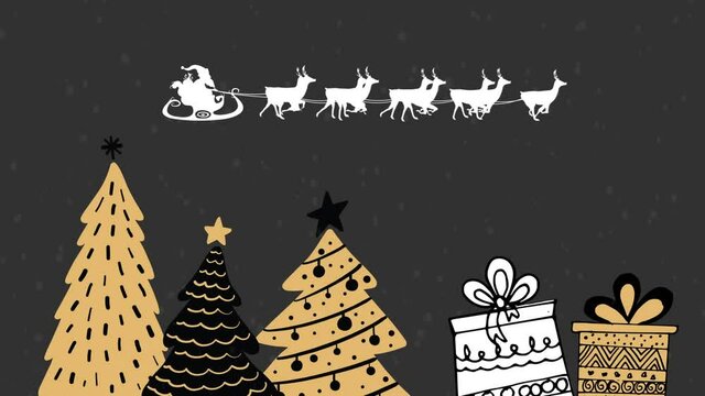 Santa claus in sleigh being pulled by reindeers against christmas tree and gift icons
