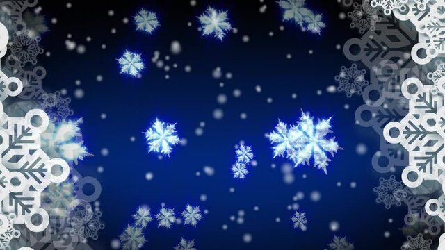 Digital animation of snowflakes floating and white spots falling against blue background