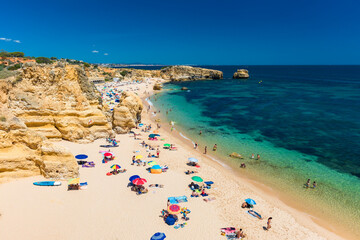 Fototapeta na wymiar Aerial view of amazing Praia dos Paradinha beach, Albufeira, Algarve, Portugal