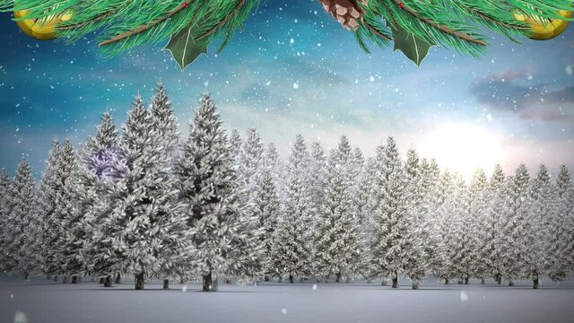 Christmas wreath decoration over snow falling over multiple trees on winter landscape