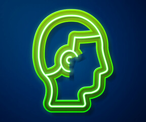 Glowing neon line Hairstyle for men icon isolated on blue background. Vector