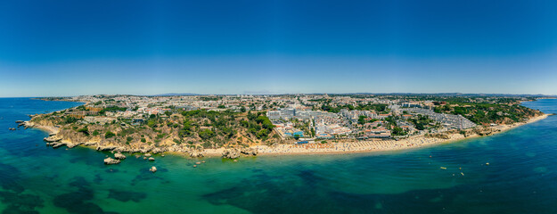 Aerial drone view of Oura beach (Praia da Oura). Albufeira, Algarve, Portugal
