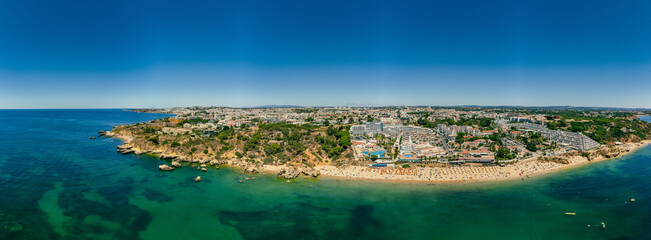 Aerial drone view of Oura beach (Praia da Oura). Albufeira, Algarve, Portugal