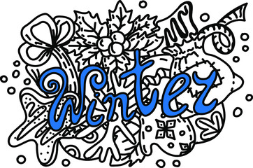 Winter hand lettering and doodles festive elements. Cartoon style. Gift, snowflake, Christmas balls, mittens, Christmas gingerbread. Vector illustration.