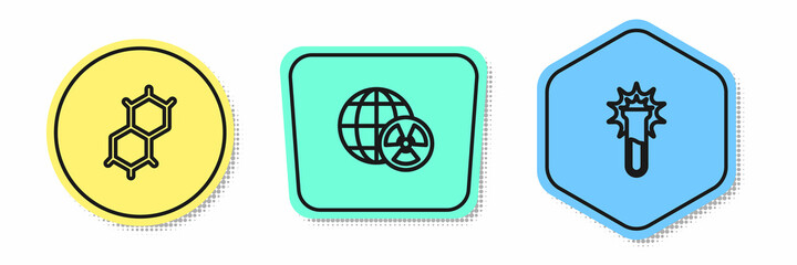 Set line Chemical formula, Planet earth and radiation and Test tube flask. Colored shapes. Vector