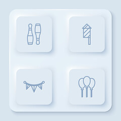 Set line Bowling pin, Firework rocket, Carnival garland with flags and Balloons ribbon. White square button. Vector