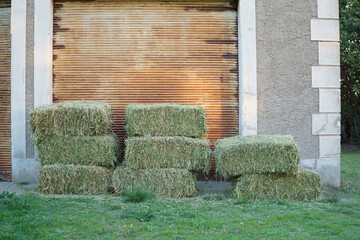 bales of grass for cattle feed next to a wall