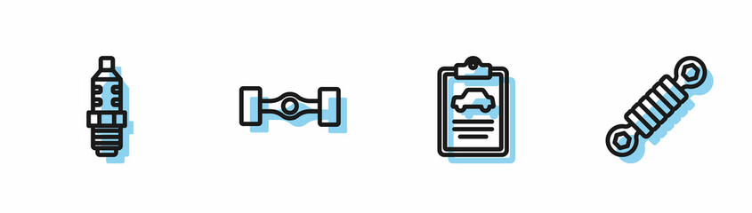 Set line Car inspection, spark plug, Chassis car and Shock absorber icon. Vector