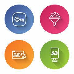 Fototapeta premium Set line Key, Sales funnel with gear, Advertising and . Color circle button. Vector